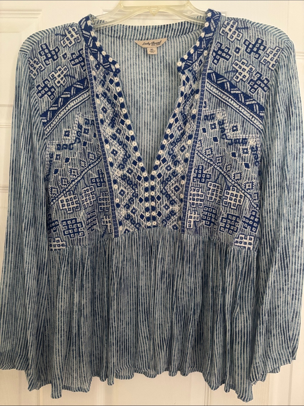 Lucky Brand Indigo Striped Embroidered Peasant Tunic